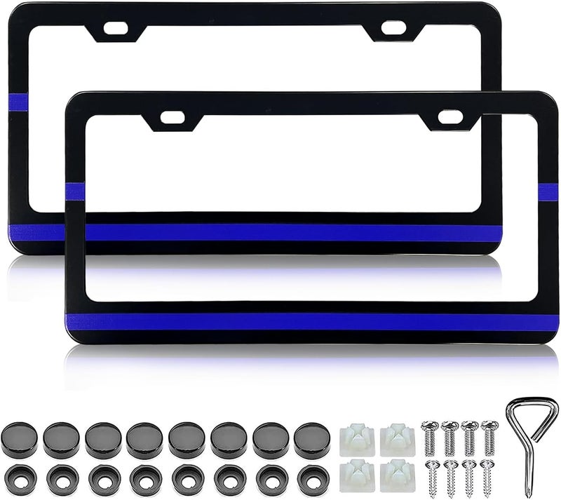 LIN KANG Personalized Blue Line Design License Plate Frame - 2 Pack Aluminum Car Tags Frames Holder Covers, Car Decorative Tag Frames Accessory for Standard US Canada with Screw Caps Cover Set - Image 1